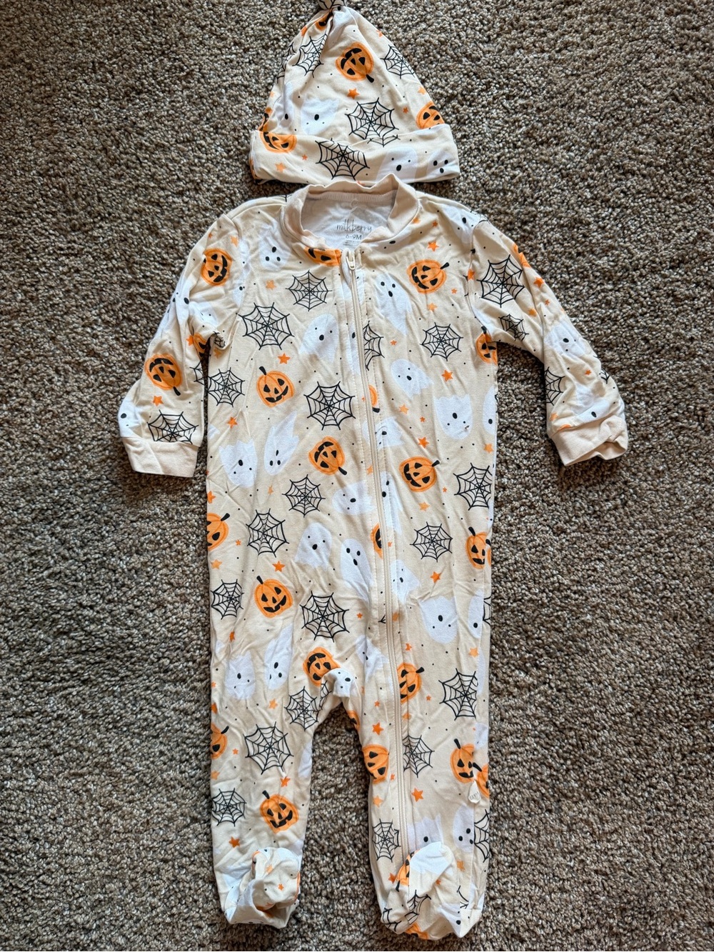 MILKBERRY Halloween Pumpkin Ghost Web Footed Sleeper & Matching Hat